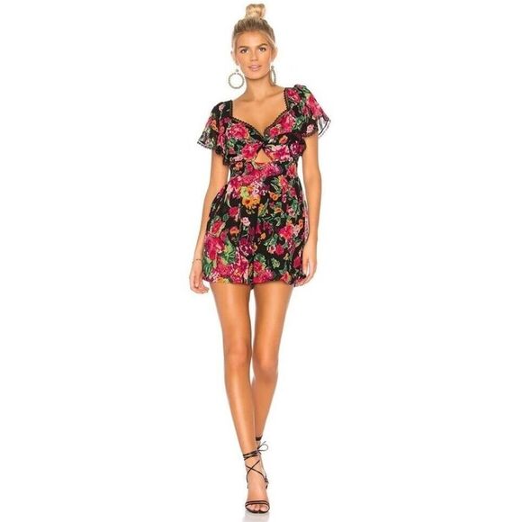 BCBGMaxAzria Black Flutter Sleeve Twist Front Garden Floral Print Romper - Small - Picture 1 of 14